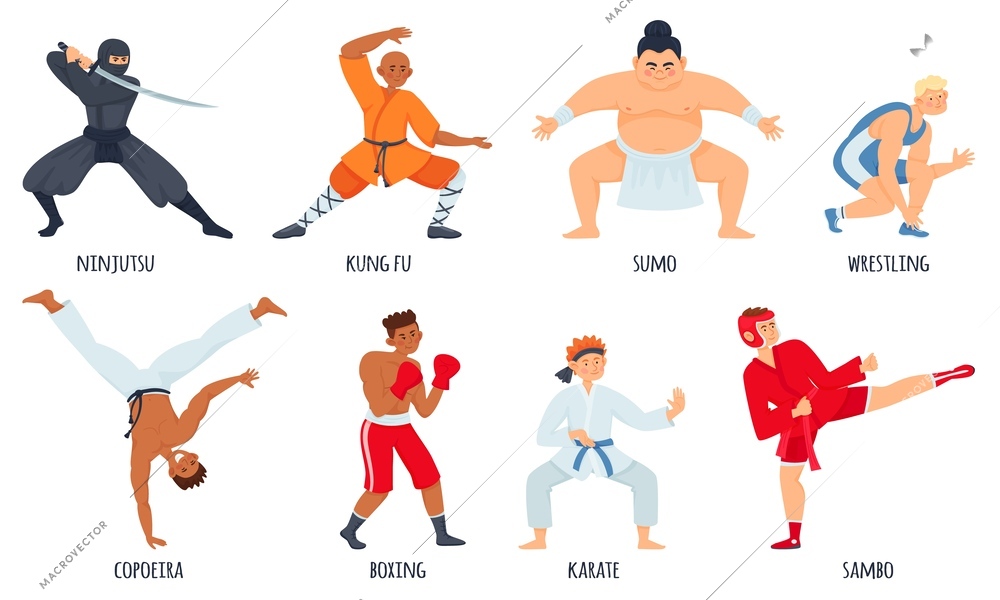 Fighters flat set with isolated doodle style characters of martial arts athletes with editable text captions vector illustration