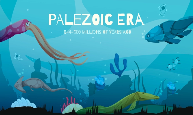 Paleozoic era cartoon composition with underwater creatures at sea bottom vector illustration
