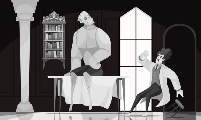 Cartoon black and white composition with scared dr victor frankenstein and his monster coming to life in laboratory vector illustration