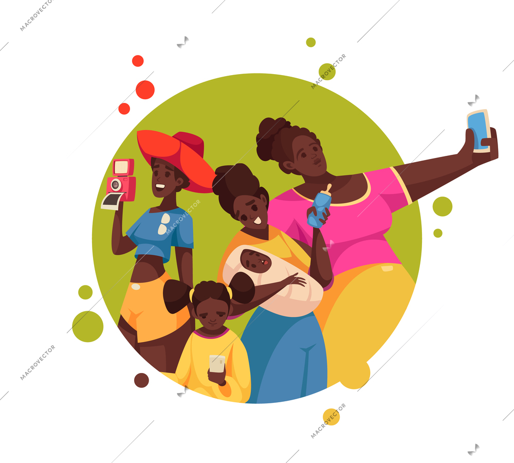 Black people cartoon concept with happy women girls and baby in round frame vector illustration