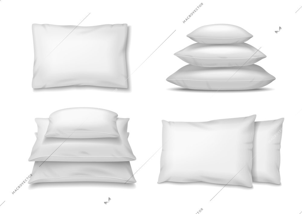 Pillows set with realistic isolated images of white pillows in stacks with shadows on blank background vector illustration