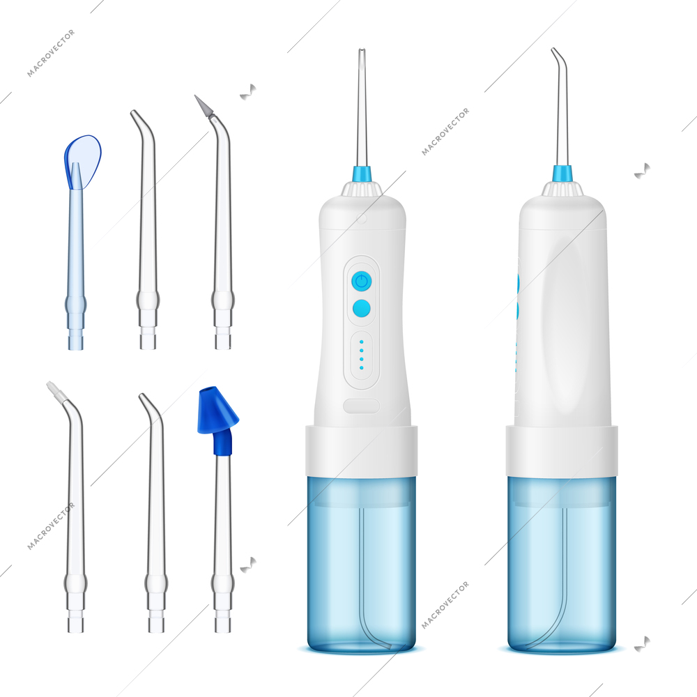 Water flosser dental irrigator front and side view with attachments realistic set isolated vector illustration