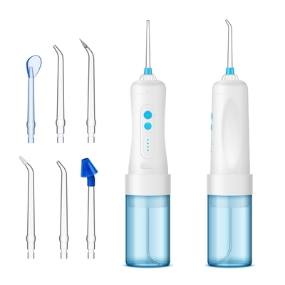 Water flosser dental irrigator front and side view with attachments realistic set isolated vector illustration