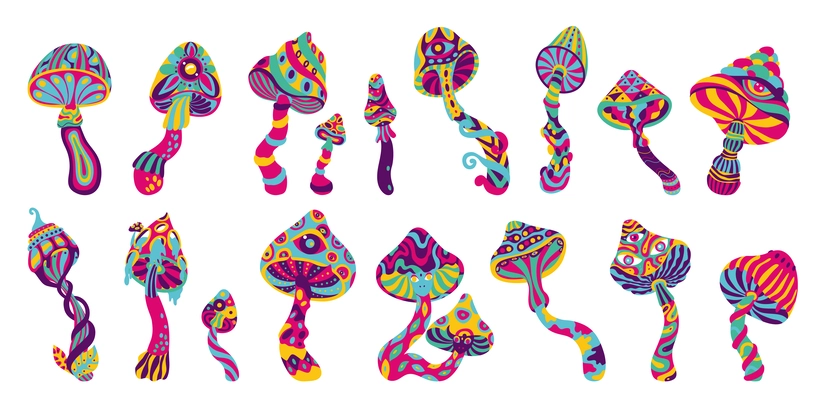 Trippy mushroom set with isolated hand drawn style mushrooms of different shape and psychedelic color surface vector illustration