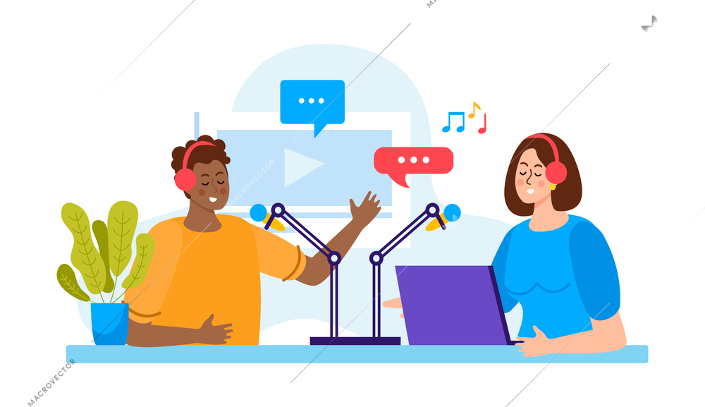 Two podcasters with microphones recording podcast in studio flat composition vector illustration