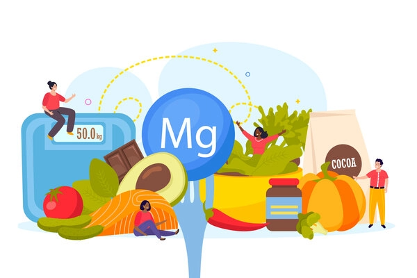 High in magnesium foods composition in flat style with human characters and scales vector illustration