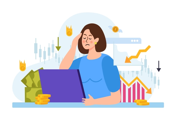 Flat economy crisis composition with arrows down money symbols and woman having financial problems vector illustration