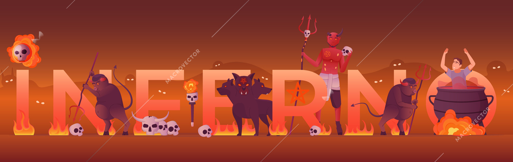 Hell inferno flat banner with burning text devils skulls sinner in cauldron on color background vector illustration