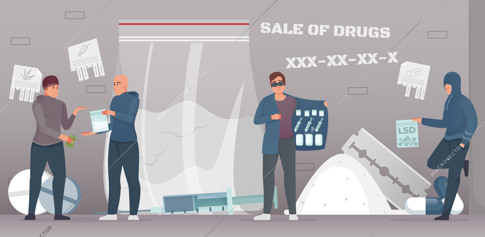 Flat drug trade illicit trafficking composition with dealers selling white powder and pills in backstreets vector illustration