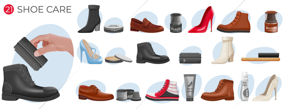 Footwear care composition set with jar of polish tube brushes male and female shoes and boots isolated realistic vector illustration