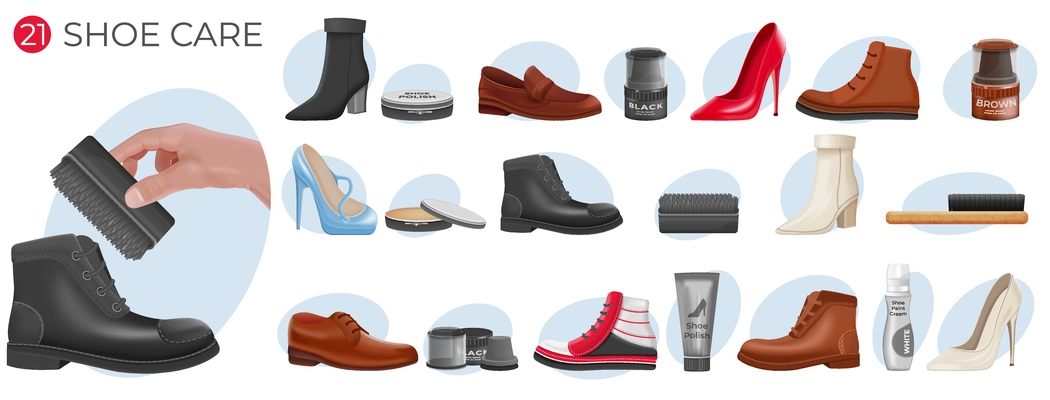 Footwear care composition set with jar of polish tube brushes male and female shoes and boots isolated realistic vector illustration