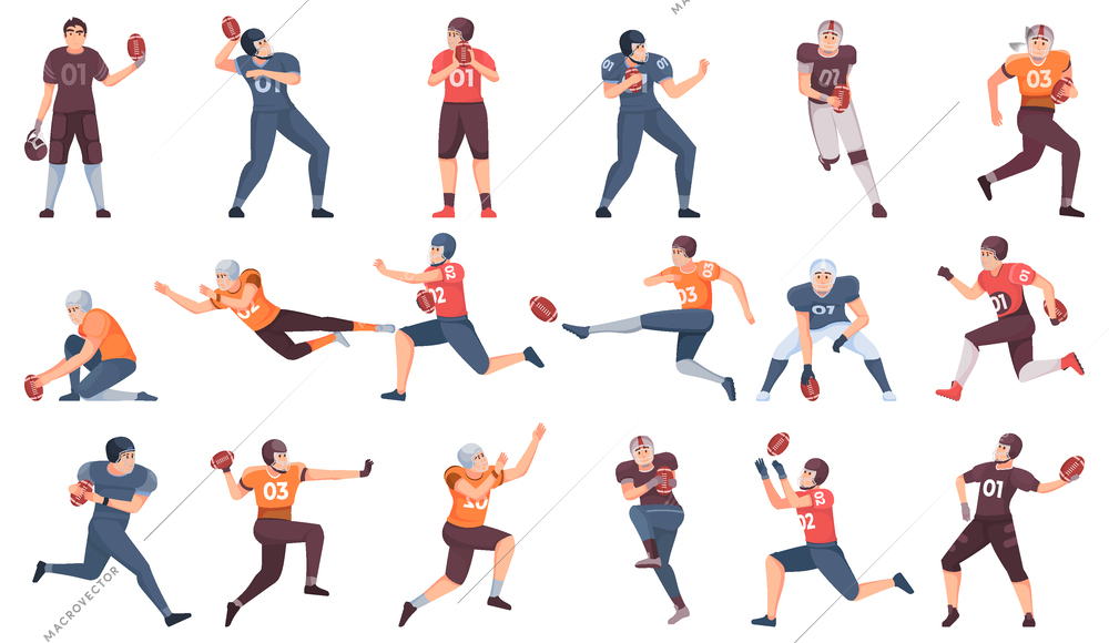 American football flat set with male characters of players in uniform in motion during match isolated vector illustration