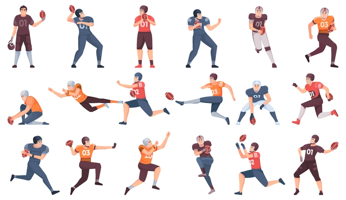 American football flat set with male characters of players in uniform in motion during match isolated vector illustration