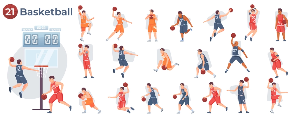 Flat basketball collection of compositions with male players during game isolated vector illustration