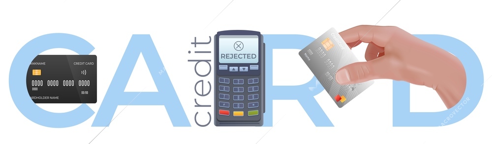 Flat banner with credit card payment terminal and blue text against white background vector illustration