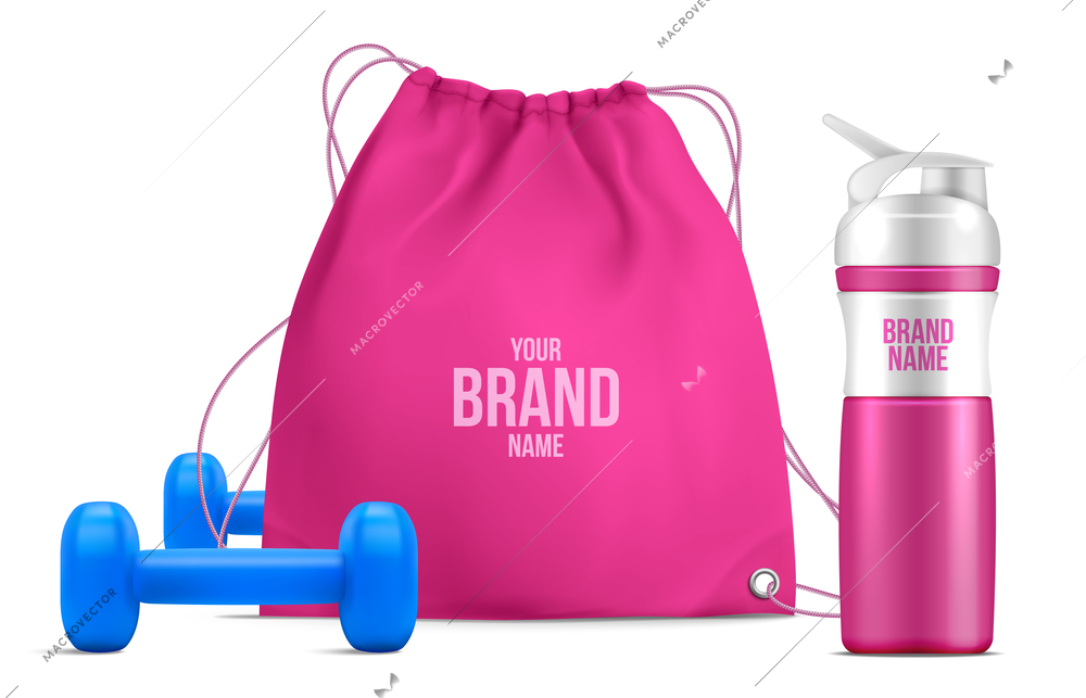 Realistic fitness ad design concept with pink drawstring bag dumbbells and deodorant for woman 3d vector illustration