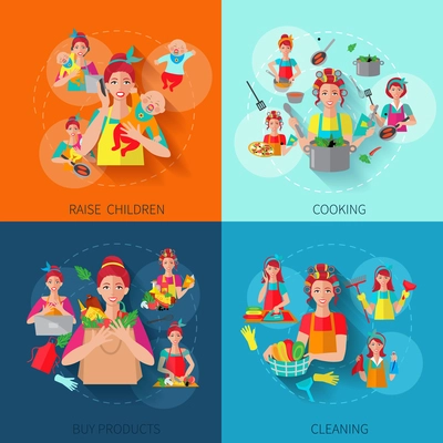 Housewife design concepts with raise children cooking buying products cleaning flat icons isolated vector illustration