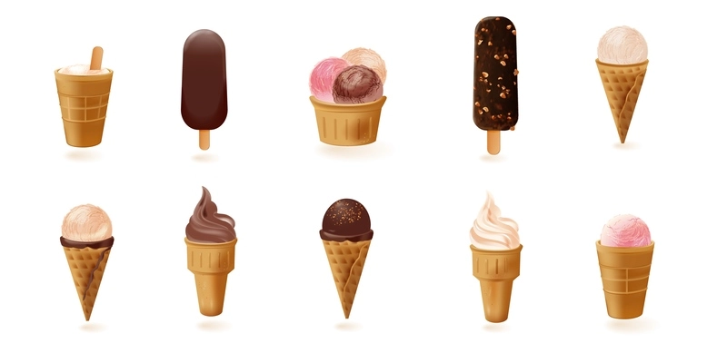 Ice cream realistic set with isolated images of sweet products with ice candies cones and lollies vector illustration