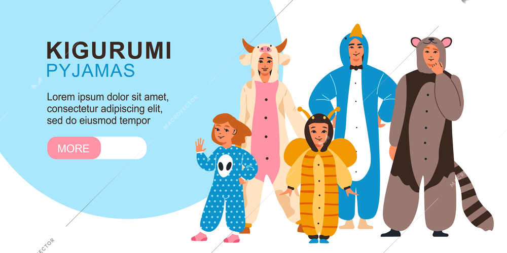 Kigurumi pyjamas horizontal banner with big headline and big more button vector illustration