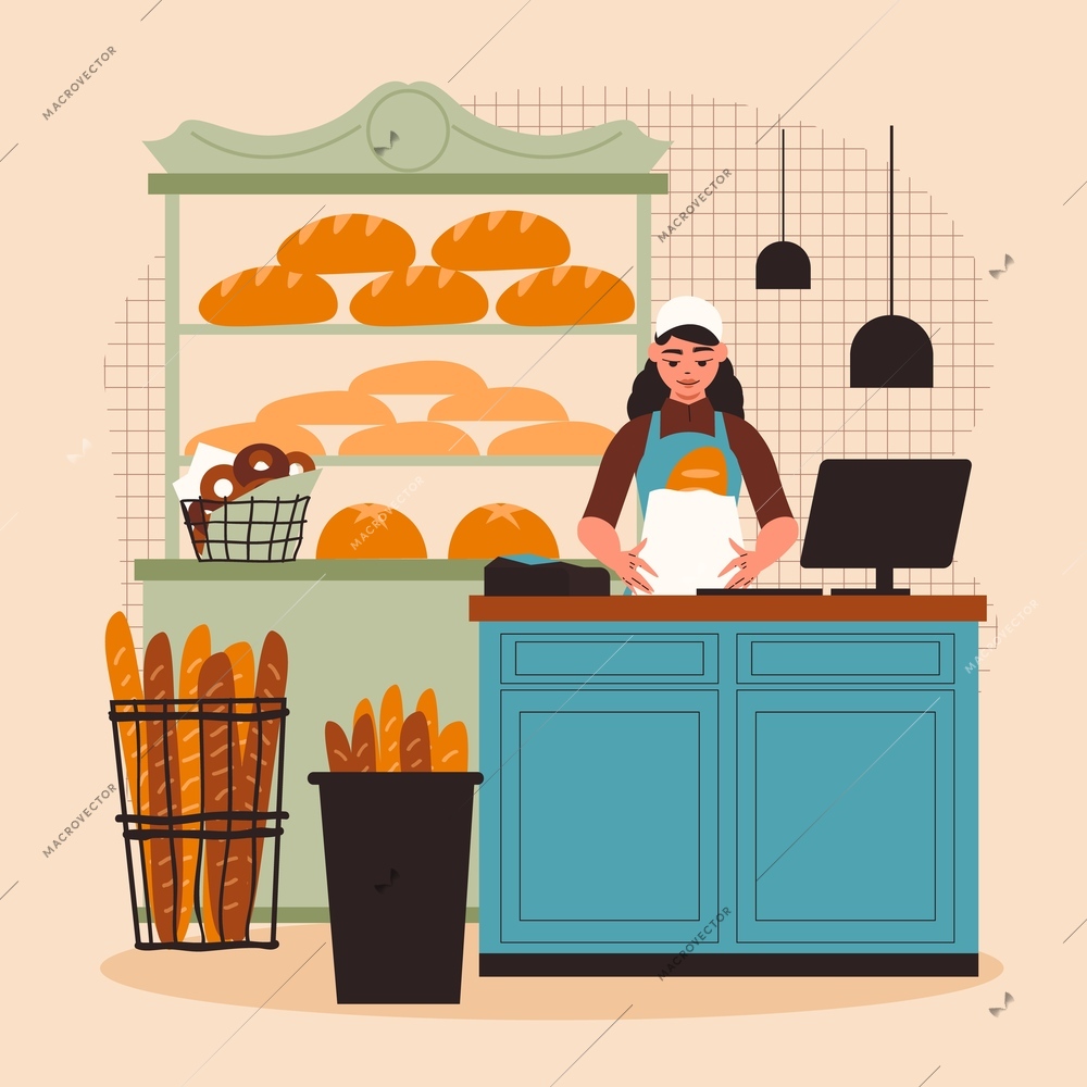 Bakery colored concept salesperson in a bakery behind the counter packs a purchase vector illustration
