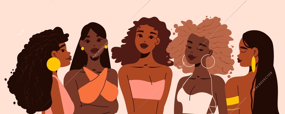 Black girl woman portrait composition five beautiful girls are together vector illustration