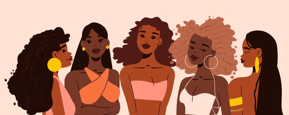 Black girl woman portrait composition five beautiful girls are together vector illustration