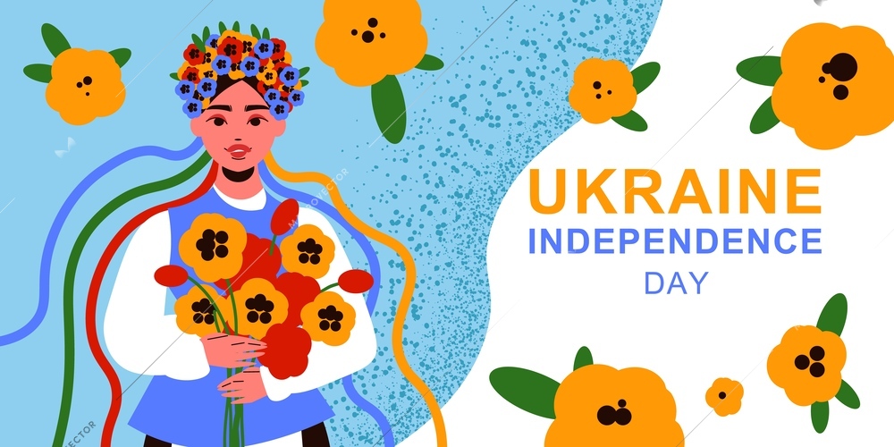 Colored ukraine composition with ukraine independence day and woman with a wreath of flowers and a bouquet of flowers in her hands vector illustration
