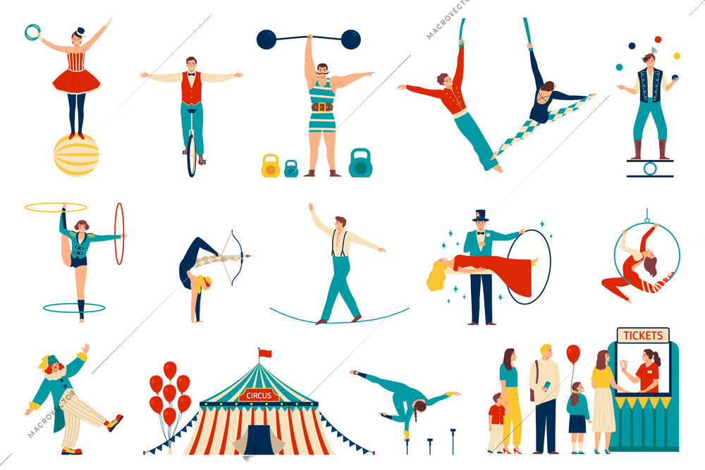 Circus flat icons set with professional atrists and performers isolated vector illustration