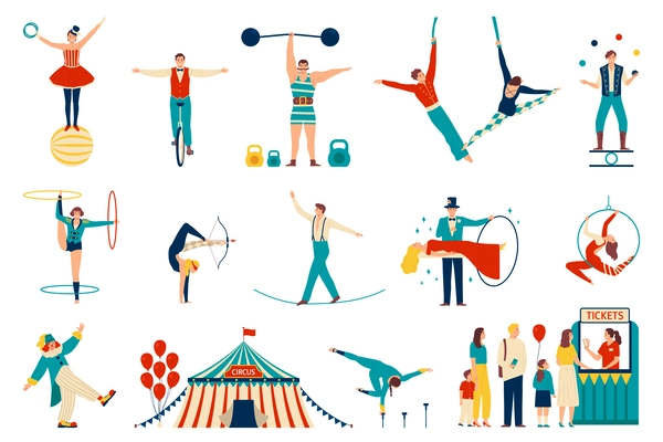 Circus flat icons set with professional atrists and performers isolated vector illustration