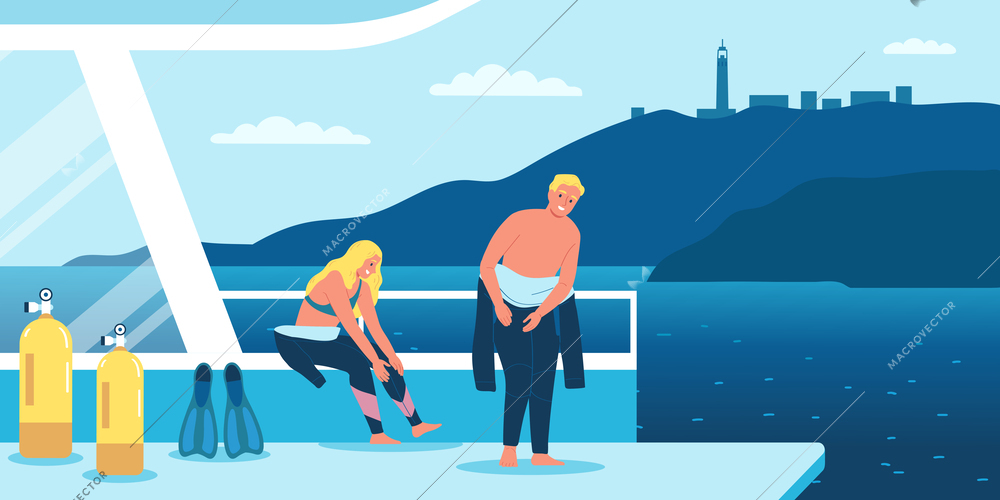 Diving flat composition with divers changing swim suits vector illustration