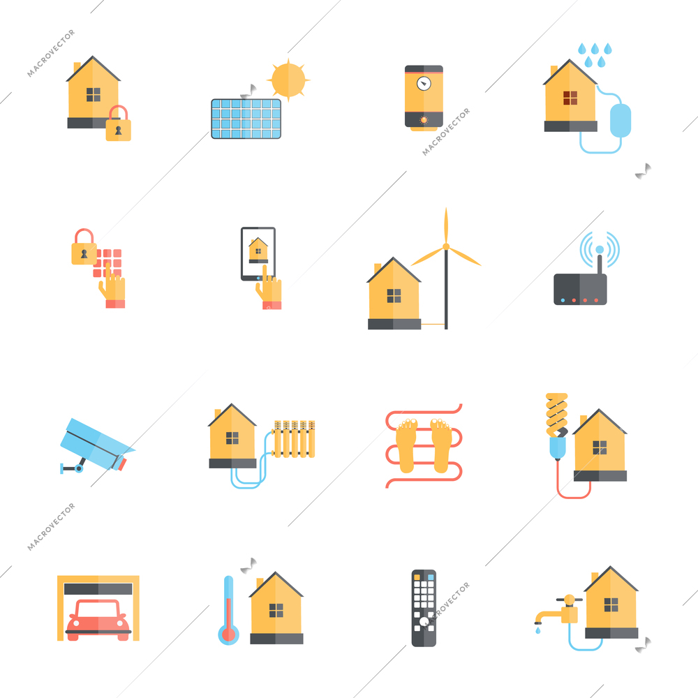 Smart home digital monitoring system icon flat set isolated vector illustration