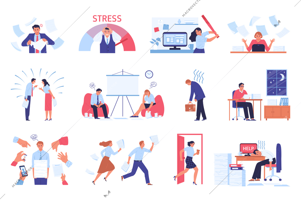 Business stress flat icons set with document tiredness and professional burnous scenes isolated vector illustration