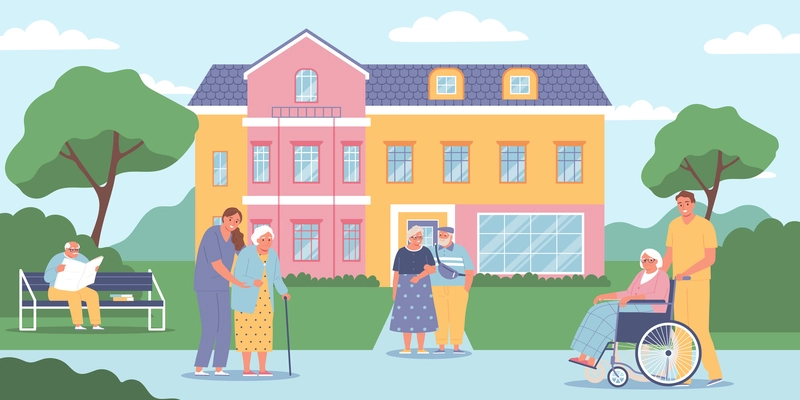 Nursing home concept with elderly people walking outdoors flat vector illustration