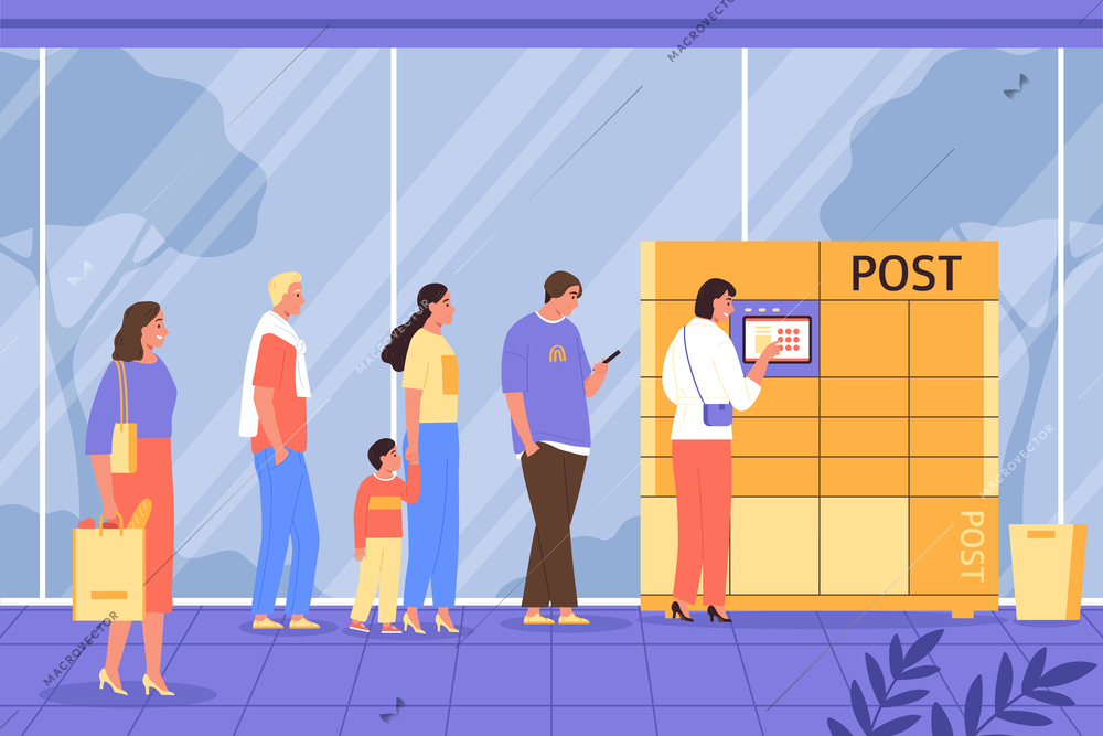 Terminal delivery composition queue of people wanting to pick up a parcel at a post office vector illustration