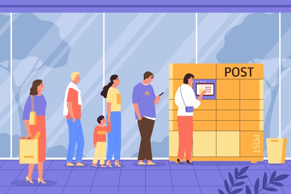 Terminal delivery composition queue of people wanting to pick up a parcel at a post office vector illustration