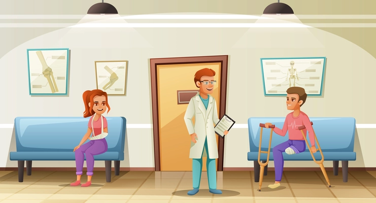 Smiling doctor and two disabled patients in waiting room cartoon vector illustration