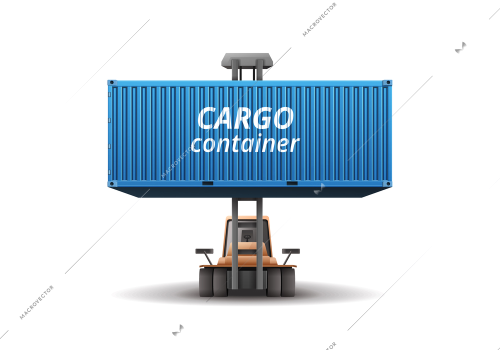 Blue cargo container carried by forklift front view realistic vector illustration