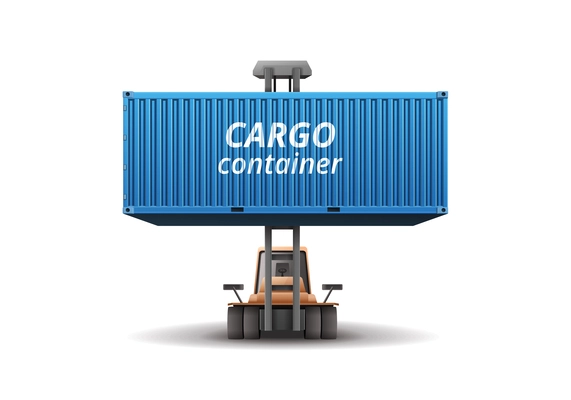 Blue cargo container carried by forklift front view realistic vector illustration