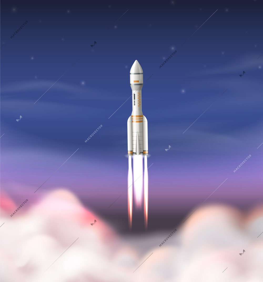 Realistic rocket launch composition with spacecraft flying above clouds vector illustration