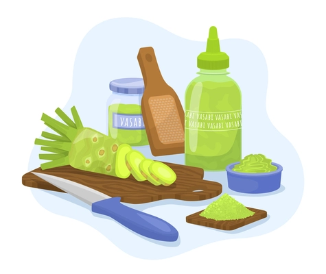 Wasabi sauce flat composition with kitchen utensils carving board knife and cut root with powder bottles vector illustration