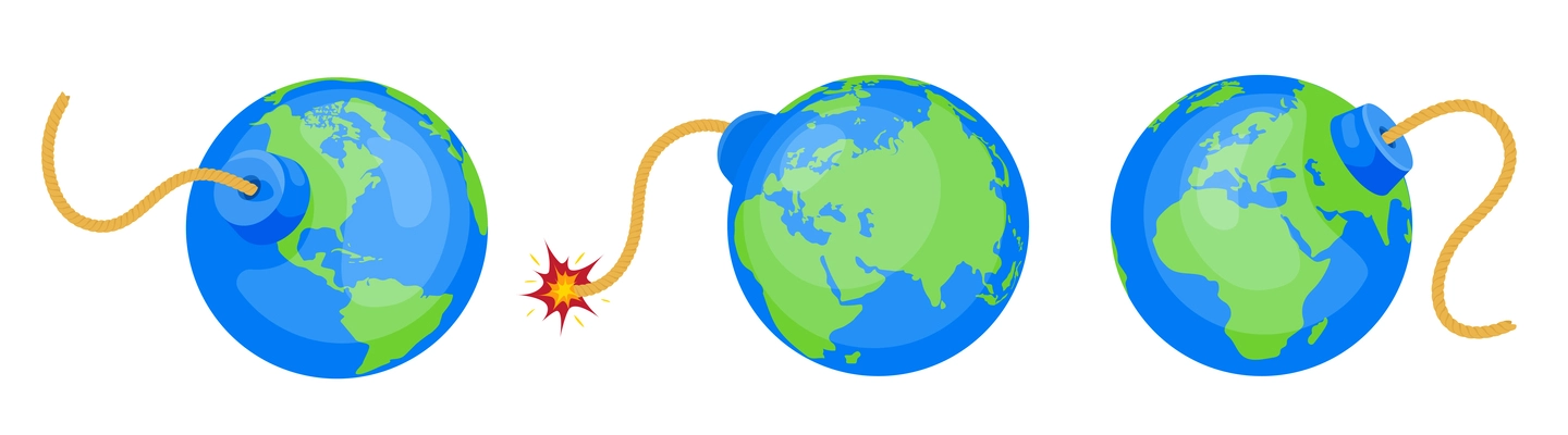 World bomb concept flat set of three isolated conceptual images of earth globe with burning wick vector illustration