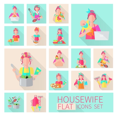 Housewife flat icons set with woman housework activities isolated vector illustration