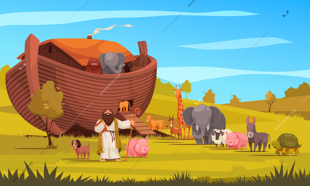 Outdoor nature scene with wild animals entering into noah ark flat vector illustration