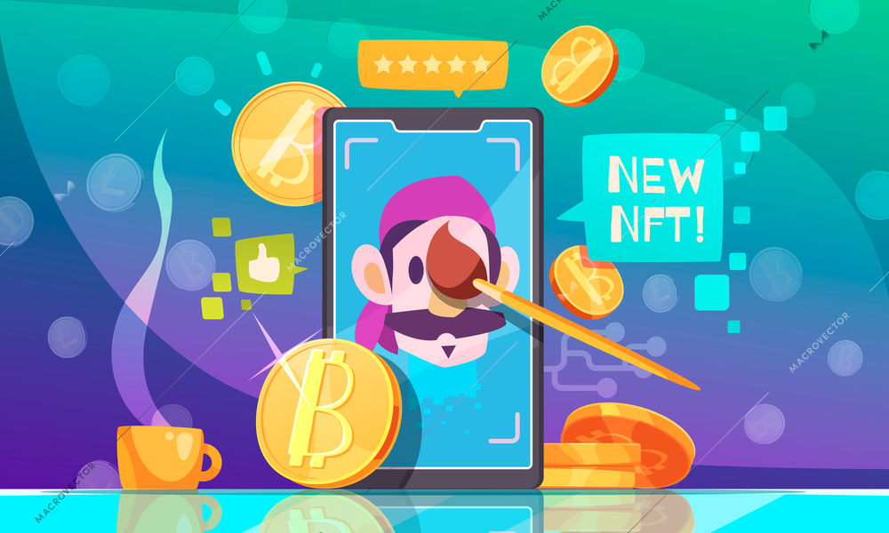 NFT flat colorful design concept with crypto artwork on smartphone screen and bitcoin icons vector illustration