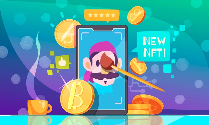 NFT flat colorful design concept with crypto artwork on smartphone screen and bitcoin icons vector illustration