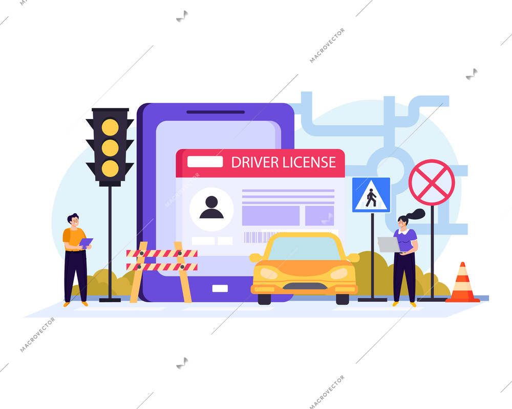 Driving school flat colored composition abstract situation student learning the rules of the road with instructor vector illustration