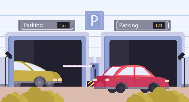 Parking flat colored composition underground parking with barriers in a shopping center or business center vector illustration