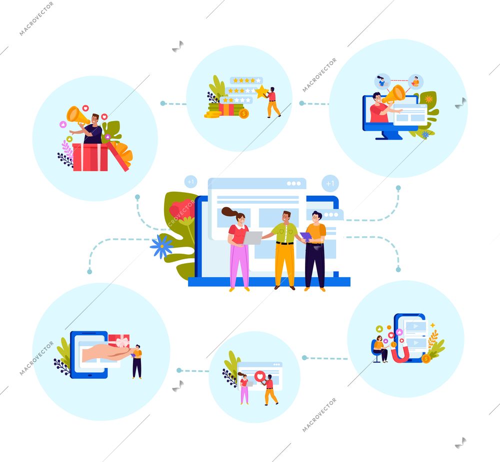 Referral program flat colored concept person brings his acquaintances to register through the referral system and attributes of this system vector illustration