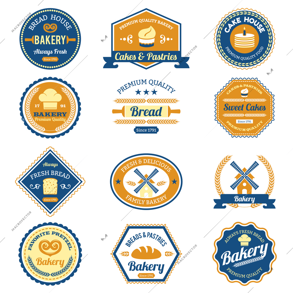 Cupcake fresh bread and premium quality pastry bakery labels set isolated vector illustration