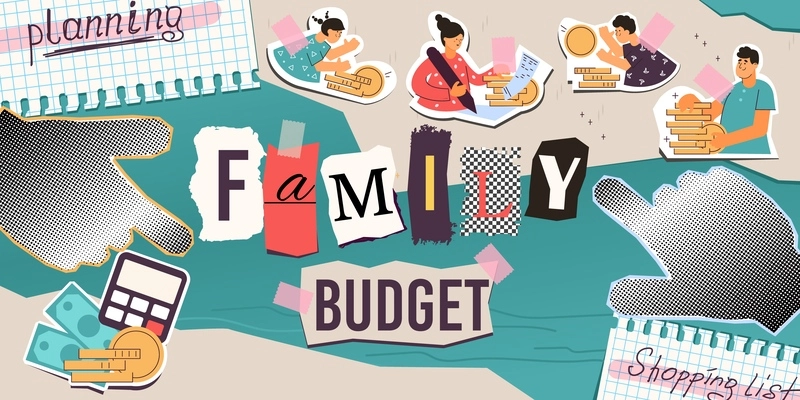 Family budget composition with collage of flat money calculation icons family member characters and handwritten text vector illustration